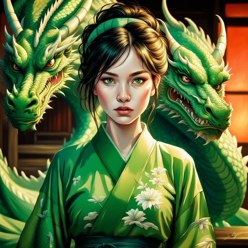 Green Dragon and Lady in Japanese Clothing