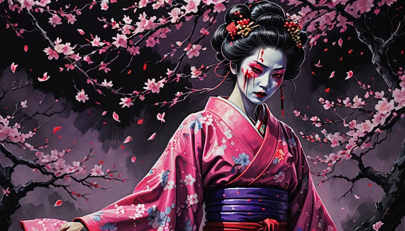 Zombie Geisha in Surreal Bioluminescent Cherry Blossom Scene