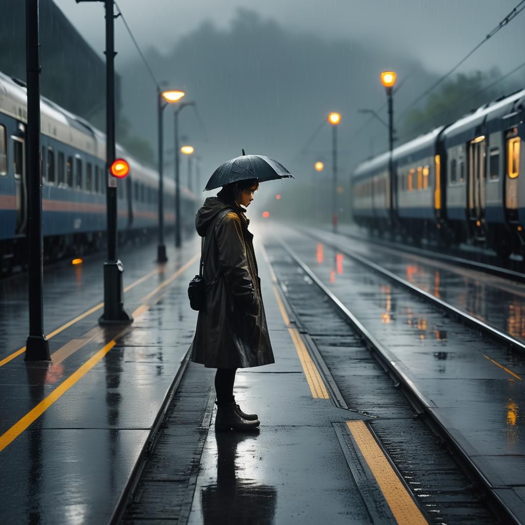 Lonely Figure on Rainy Platform in Cinematic Style