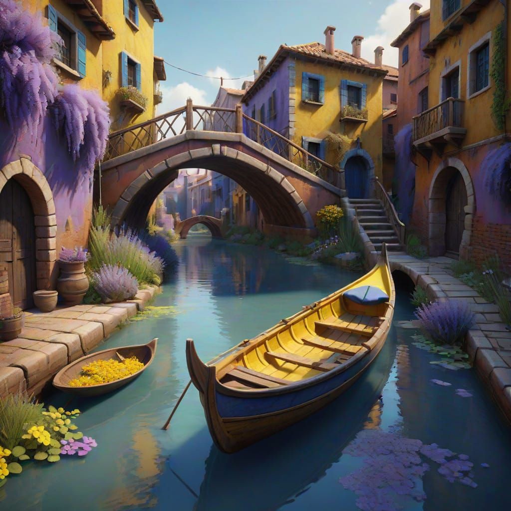 Surrealistic Clay Gondola Scene in Vibrant Earth Tones