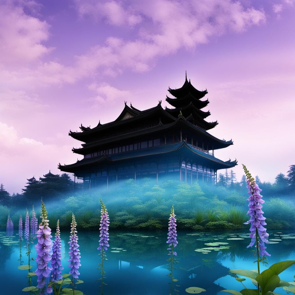 Asian Palace Reflected in Lake with Foxgloves