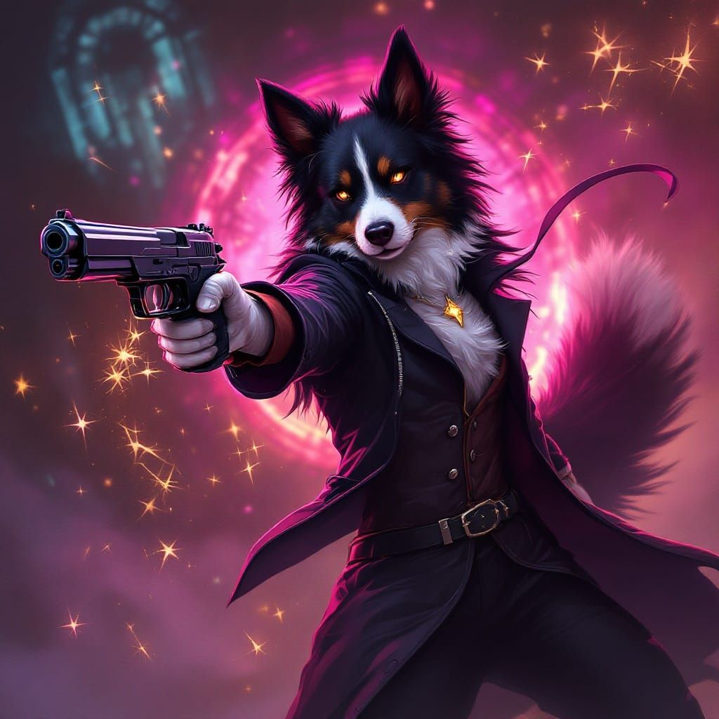 modern magic pistol anthro border collie clothes and black f...