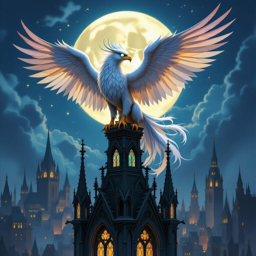 Majestic Griffin on Gothic Cathedral in Moonlight