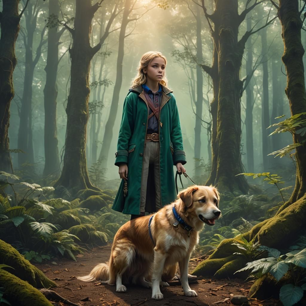 Girl and Dog in Misty Forest: Digital Art