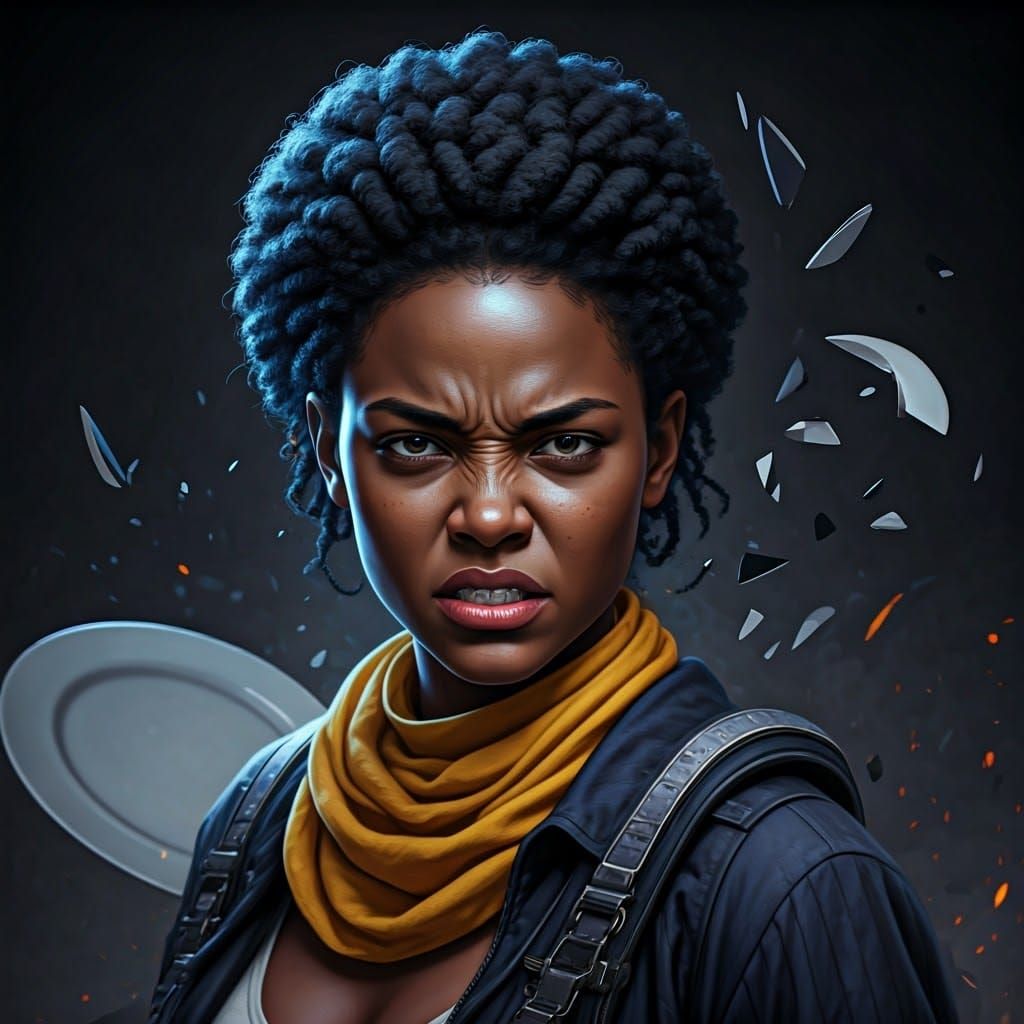 Vibrant Wrathful Woman Shatters Plate in Triadic Colors