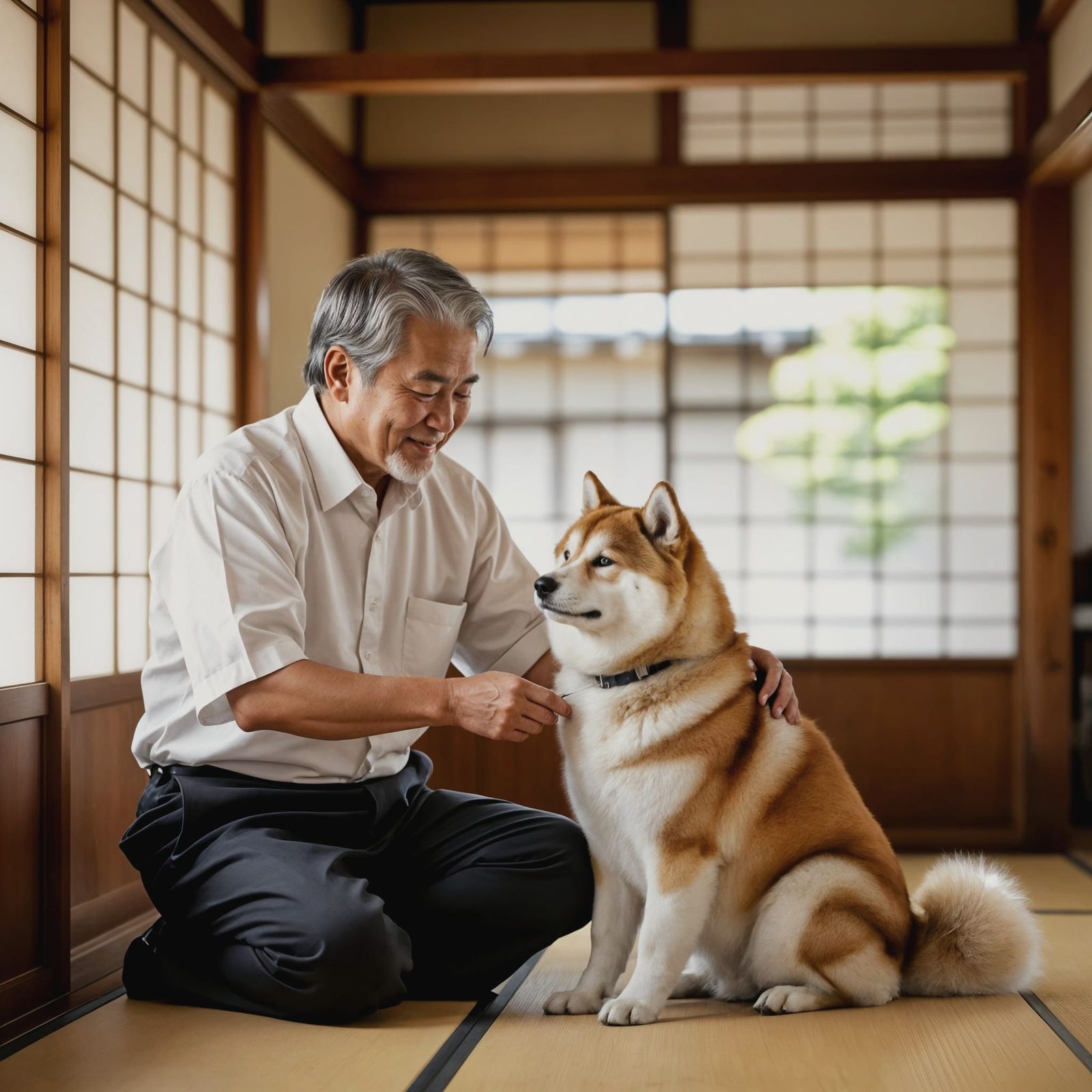 Elderly Man Grooming Akita Dog in Tokyo