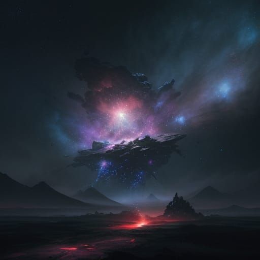 Astronaut Drifts Through Cosmic Nebula Near Derelict Ship