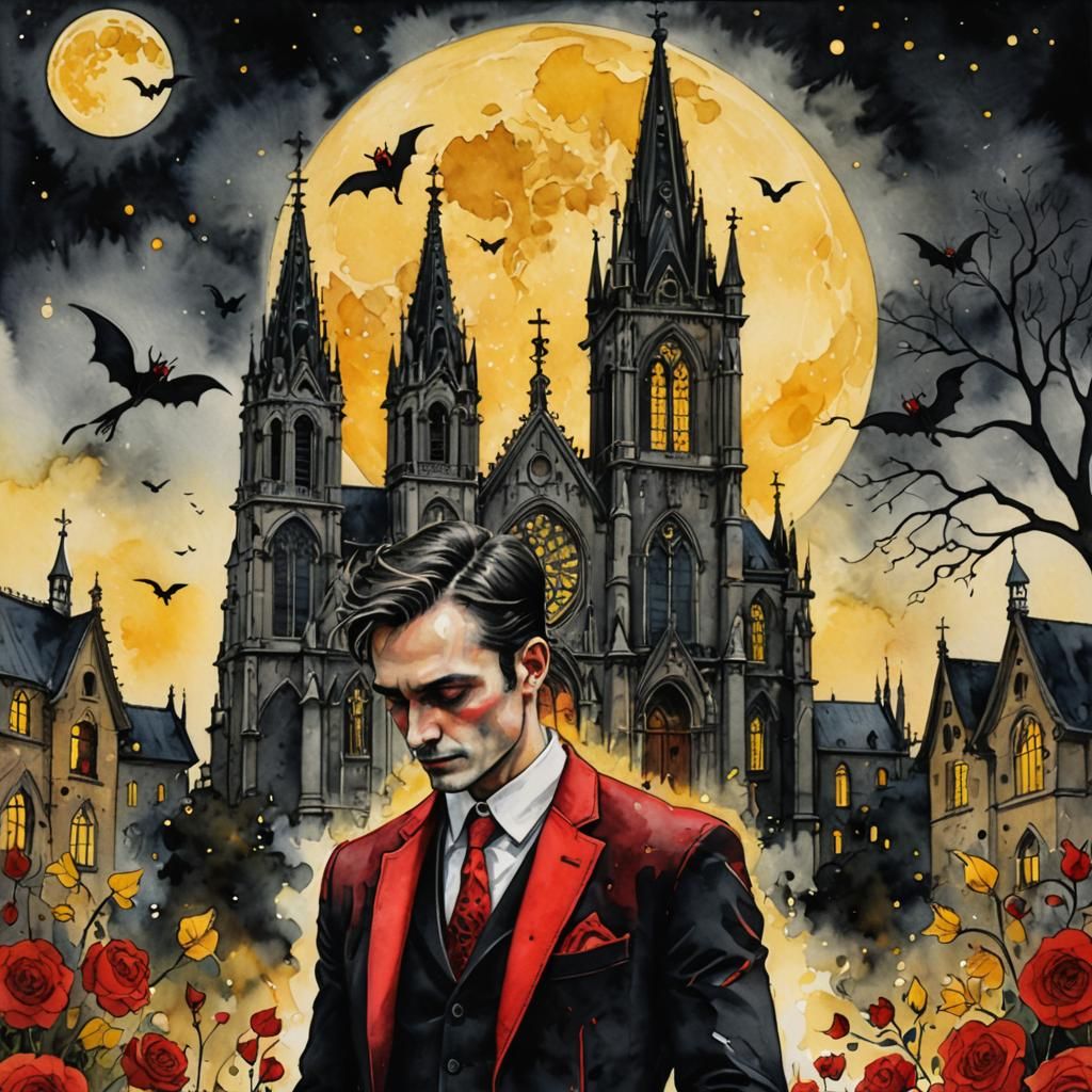 Devil in Gothic Setting: Watercolor and Ink Illustration