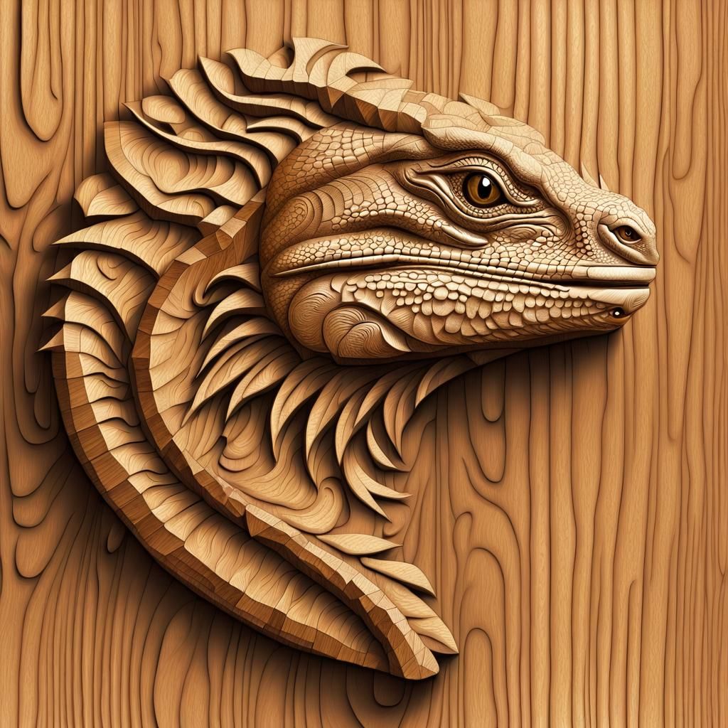 Carved Wooden Iguana Head Bas-Relief