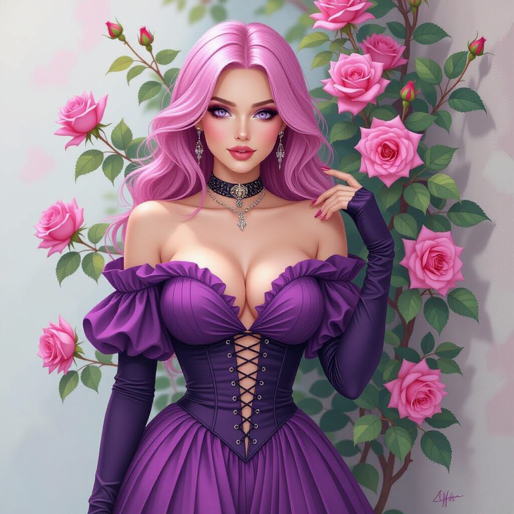 Pink-Haired Woman in Gothic Gown with Roses