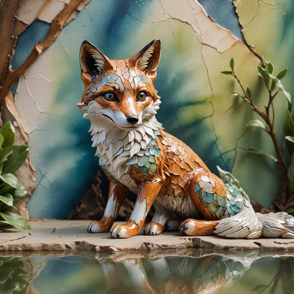 Ceramic Fox Concept Art in Watercolor Style