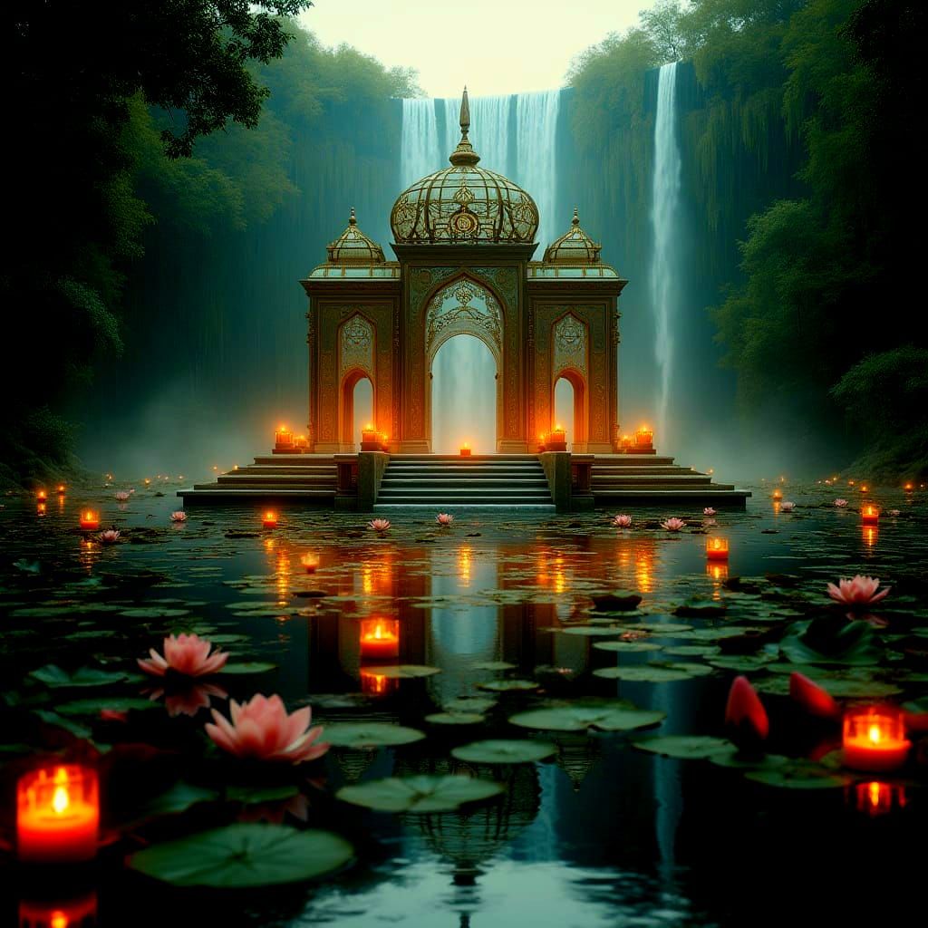 Ethereal Glass Temple with Majestic Waterfall and Blooming L...