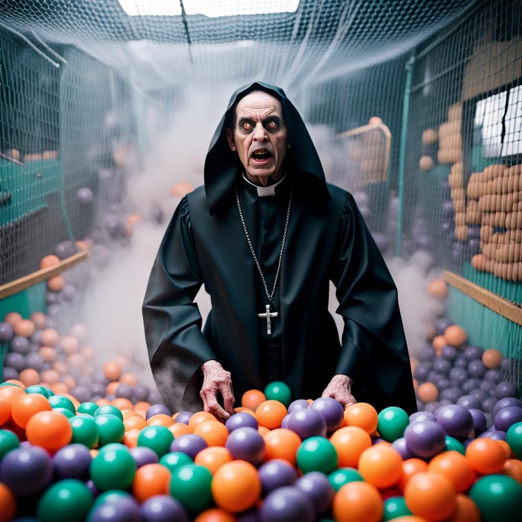 Possessed priest playing in a ball pit