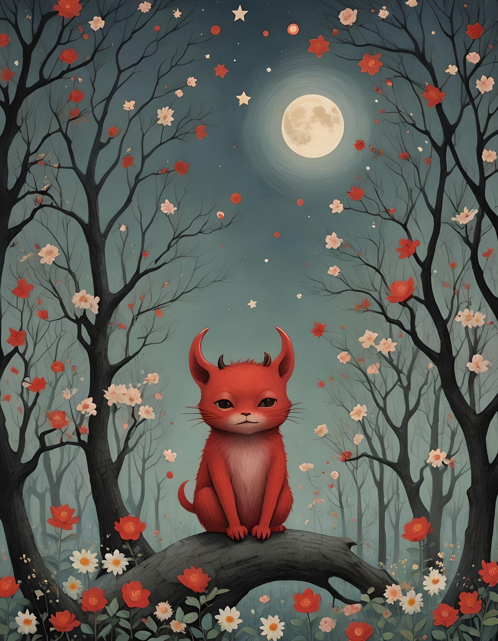 Dreamy Furry Red Devil Under the Moon
