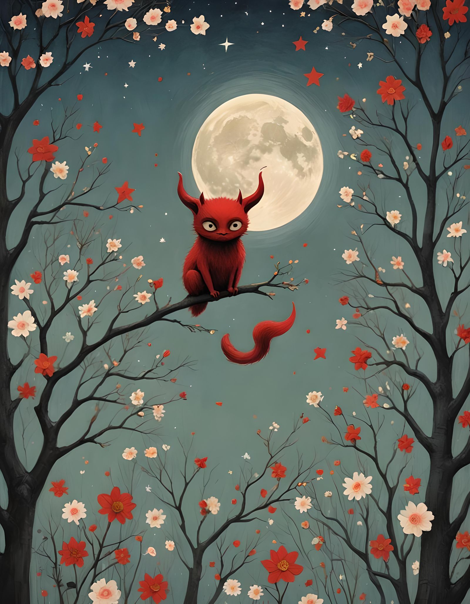 Cute Red Devil Under Dreamy Pastel Sky