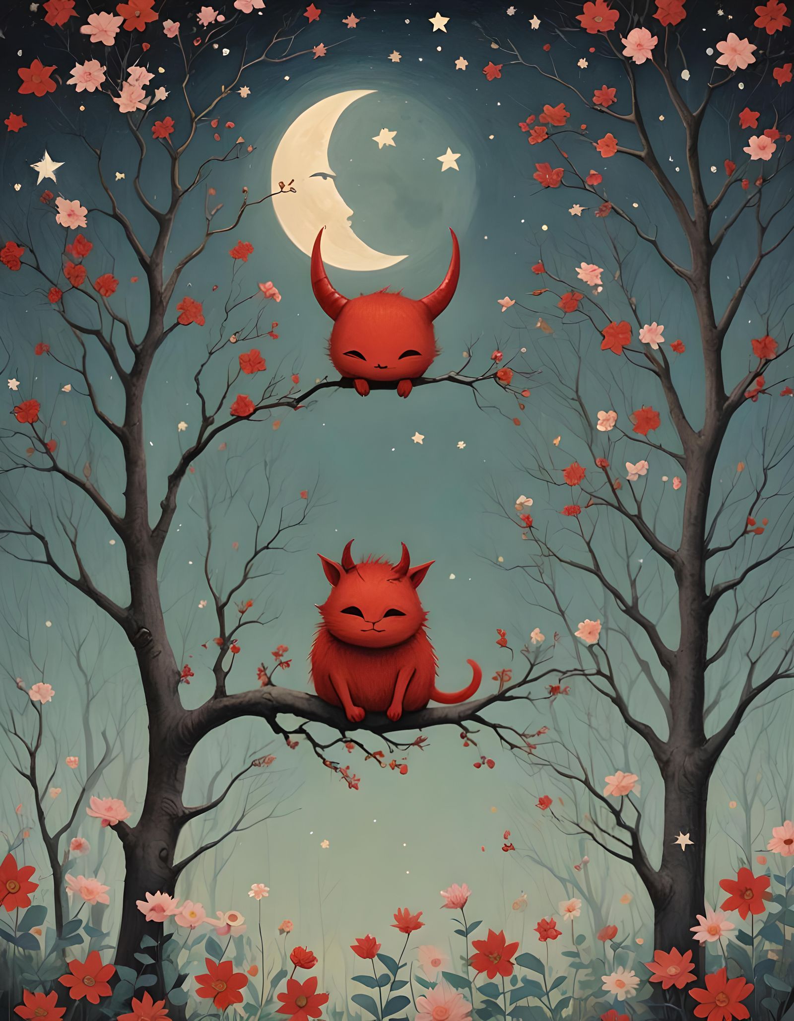 Cute Furry Devil Under a Dreamy Pastel Sky