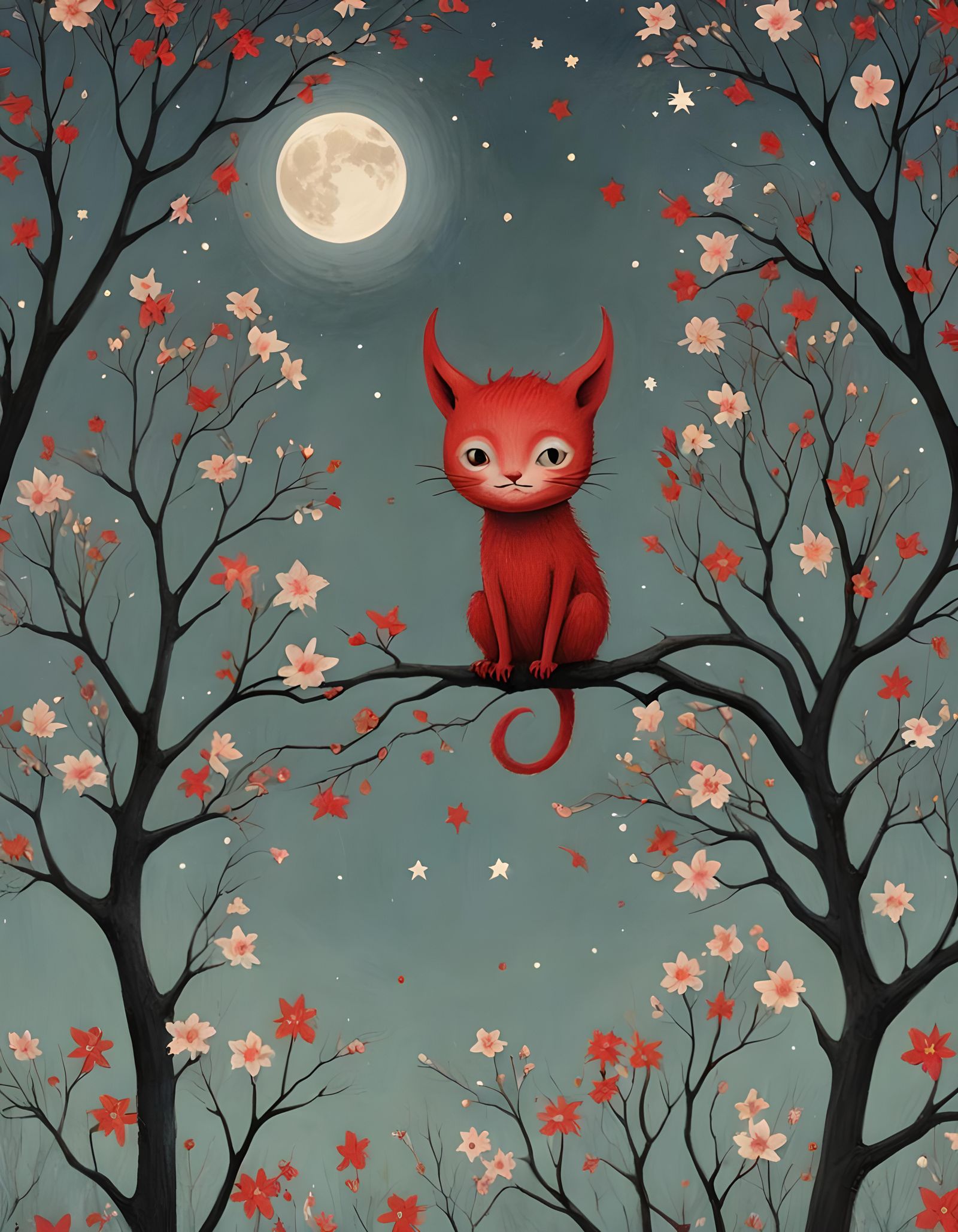 Cute Red Devil Under the Moonlit Sky