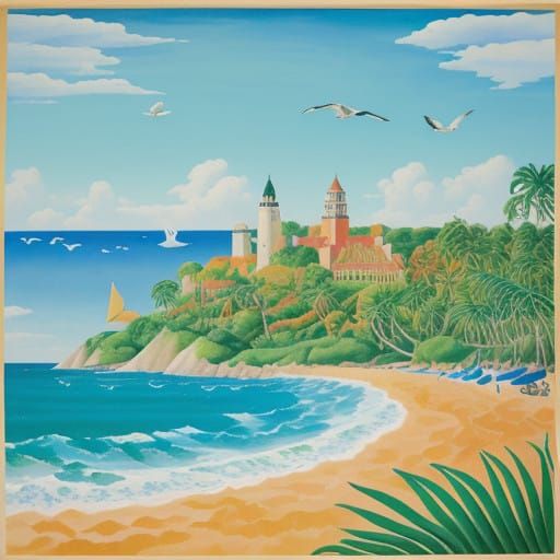 Idyllic Summer Beach Scene in Tropical Abstract Style