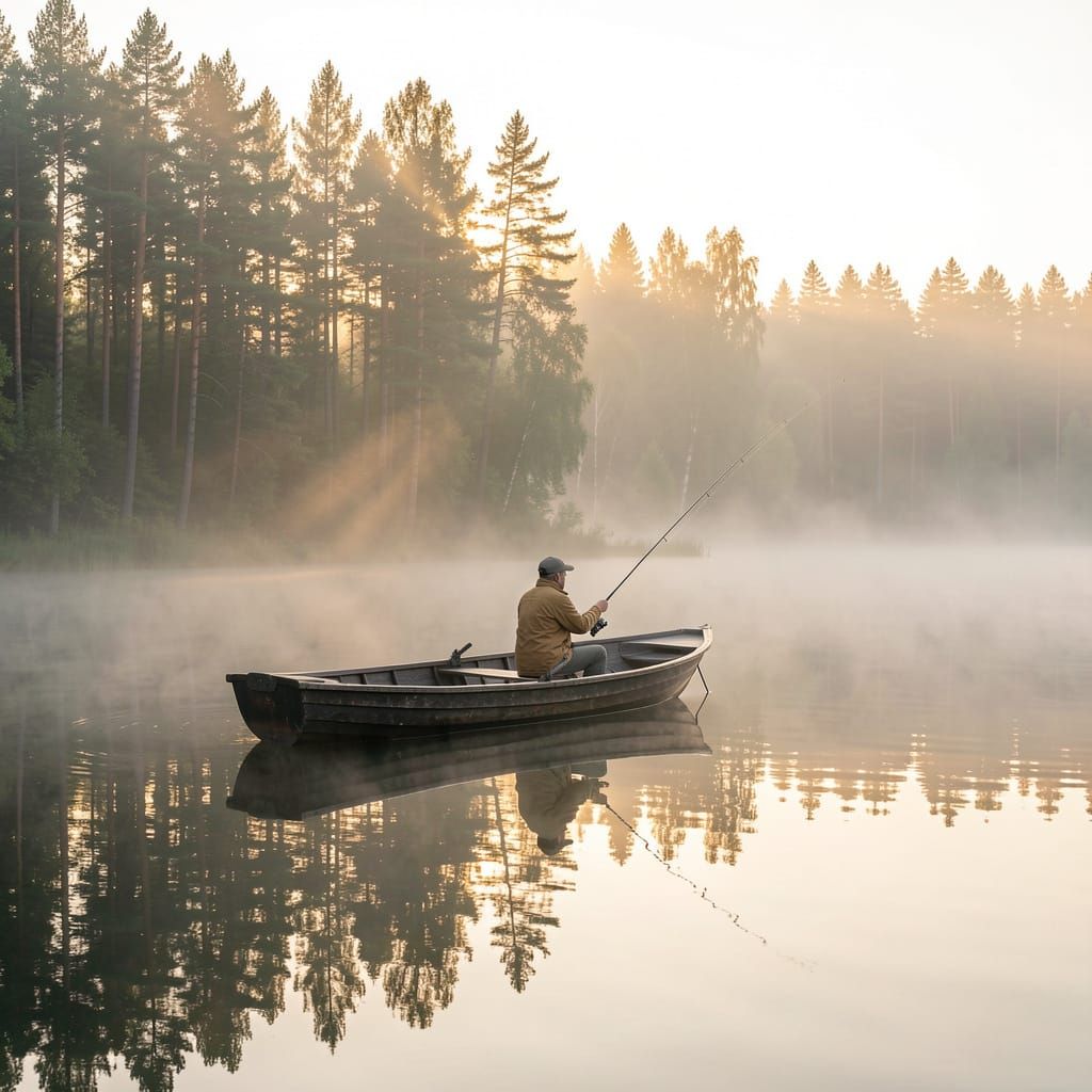 Serene Sunrise Fishing Scene on a Glassy Lake
