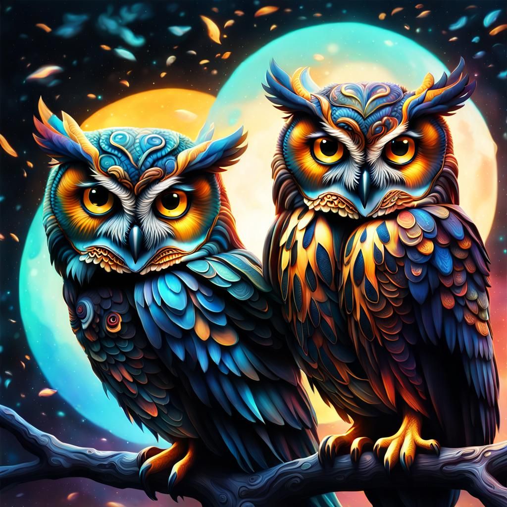 Microscopic Ying-Yang Owls: Ethereal Digital Painting