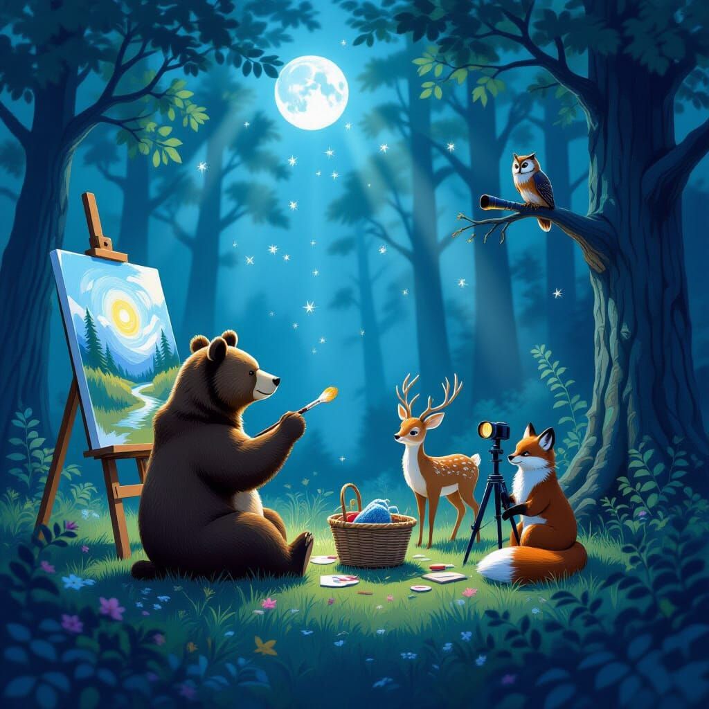 Magical Forest Animals Create Art Under Moonlight