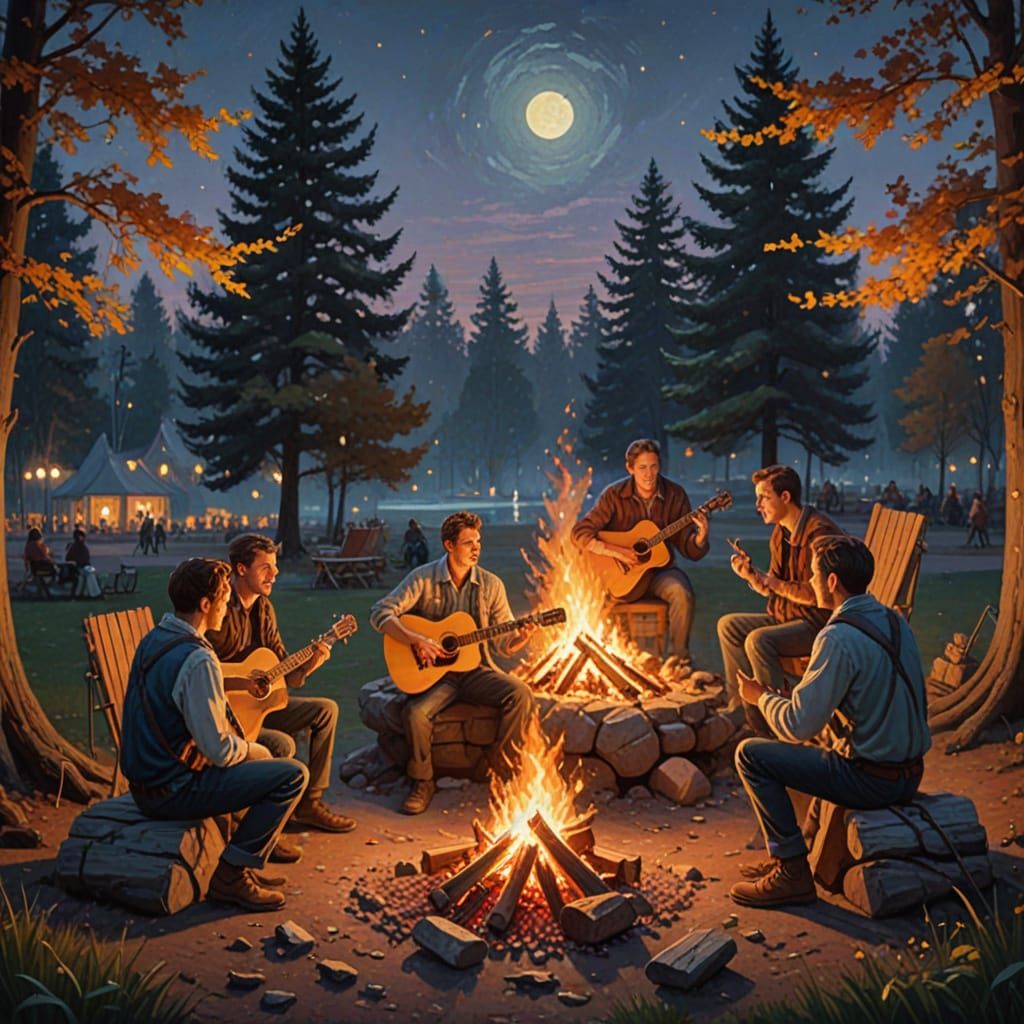 Men Gather for Barbecue and Music Around Campfire