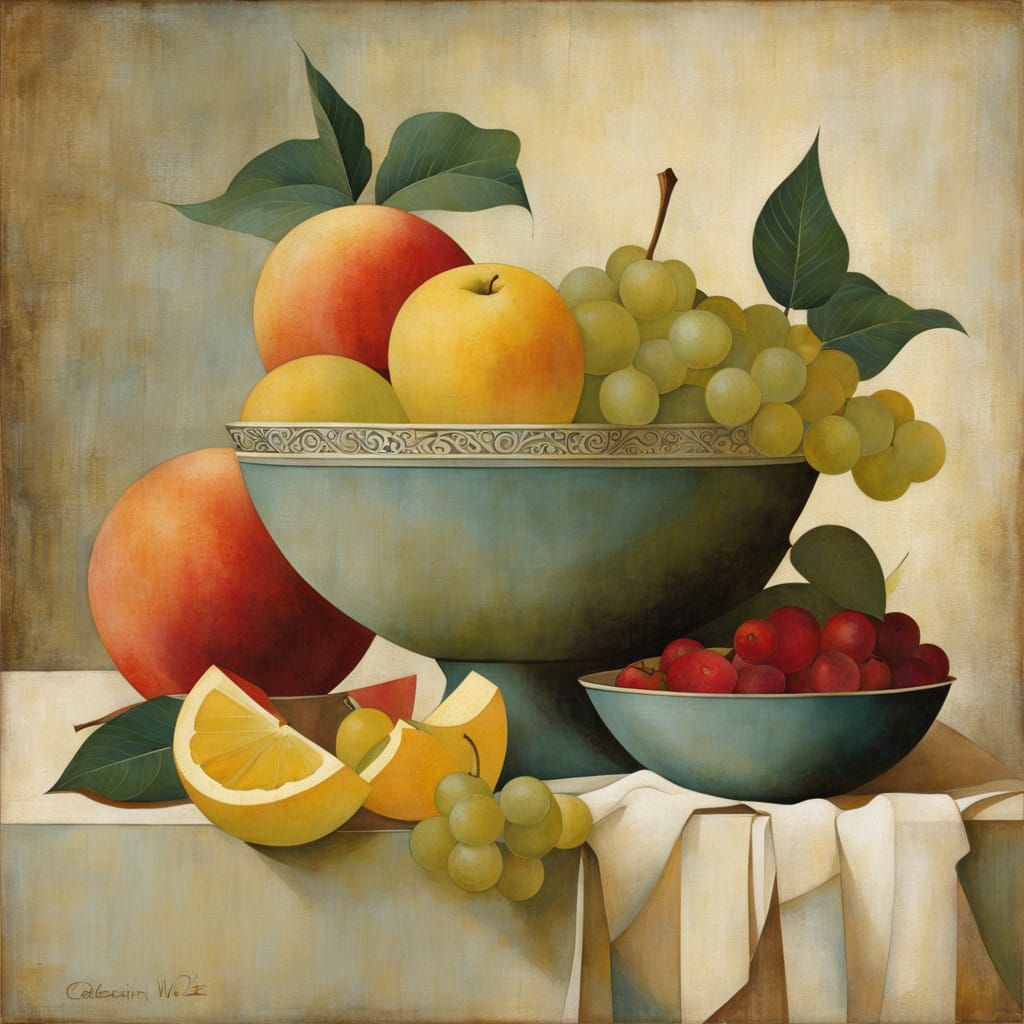 Surrealist Cubist Masterpiece with Antique Papyrus and Fruit...