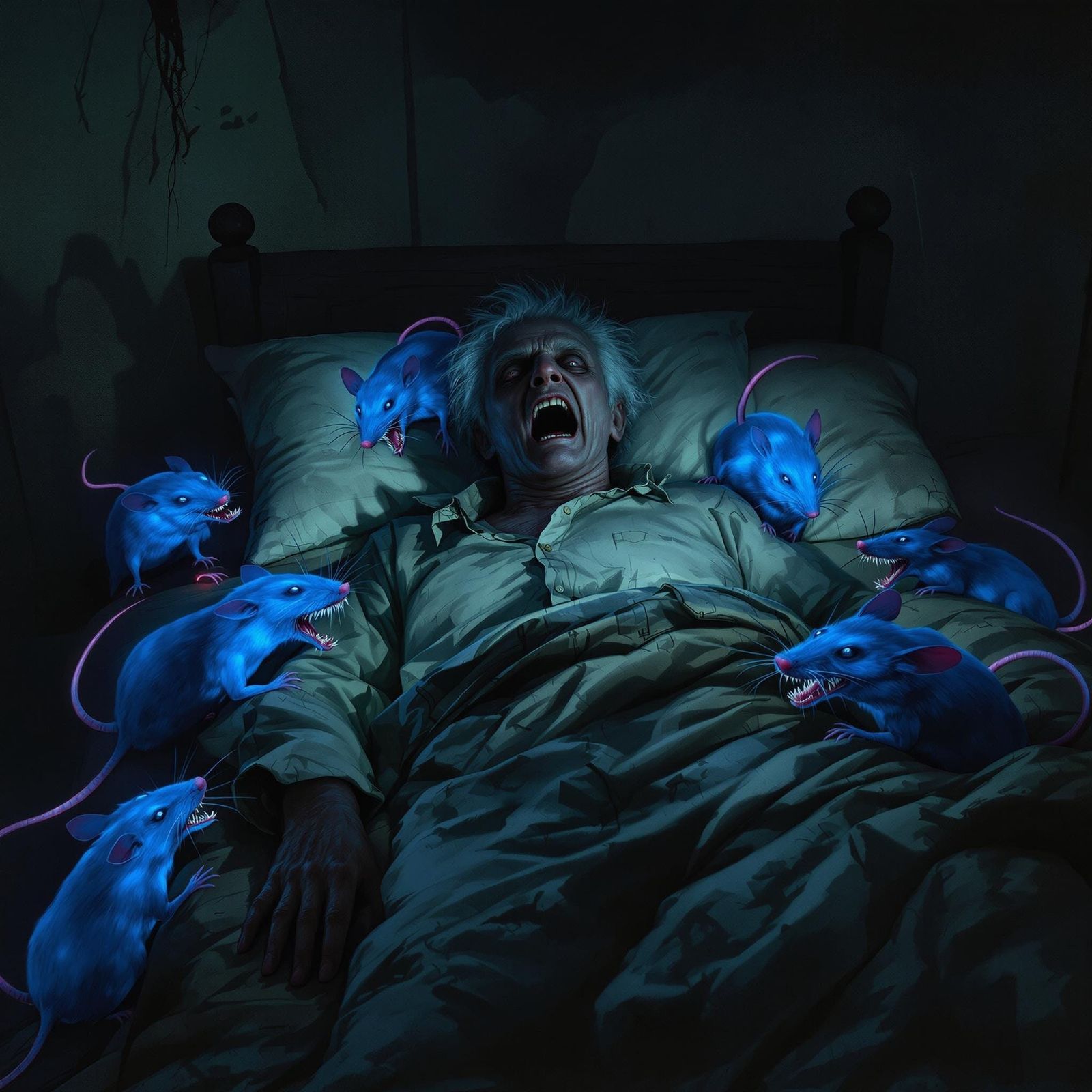 Elderly Man Tormented by Glowing Blue Rats in a Haunting, Su...