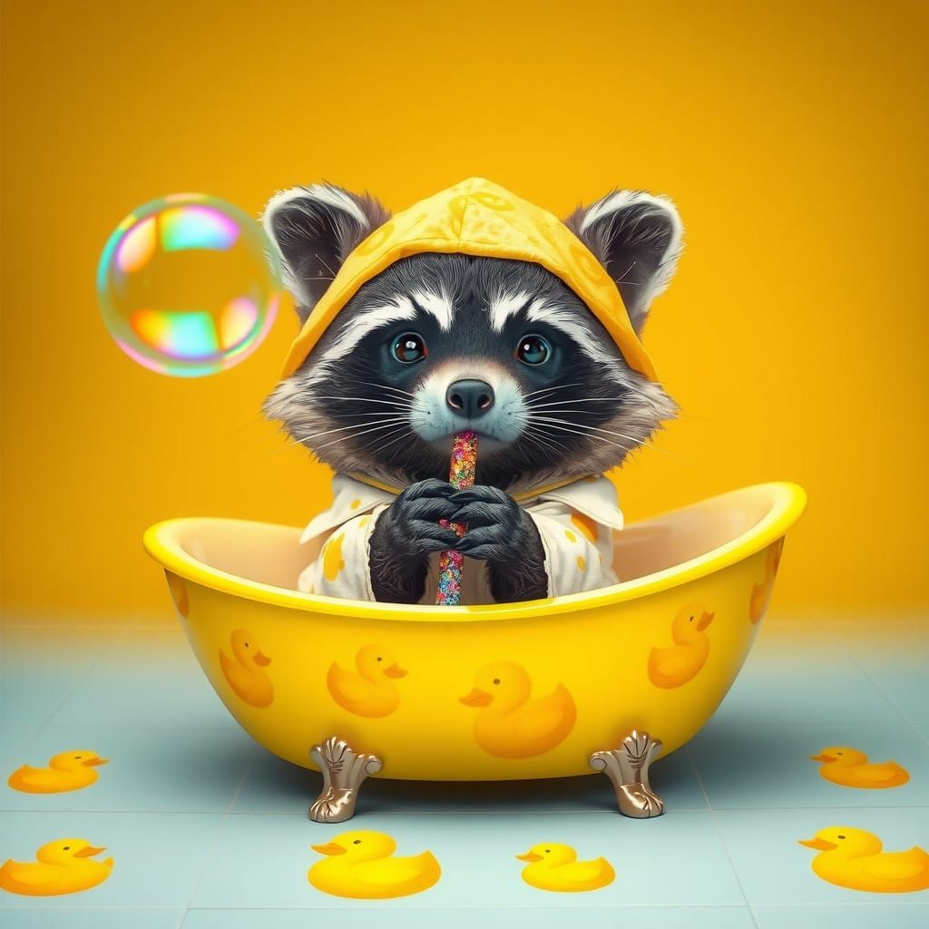 Raccoon Blowing Bubbles in Bathtub: Whimsical Illustration