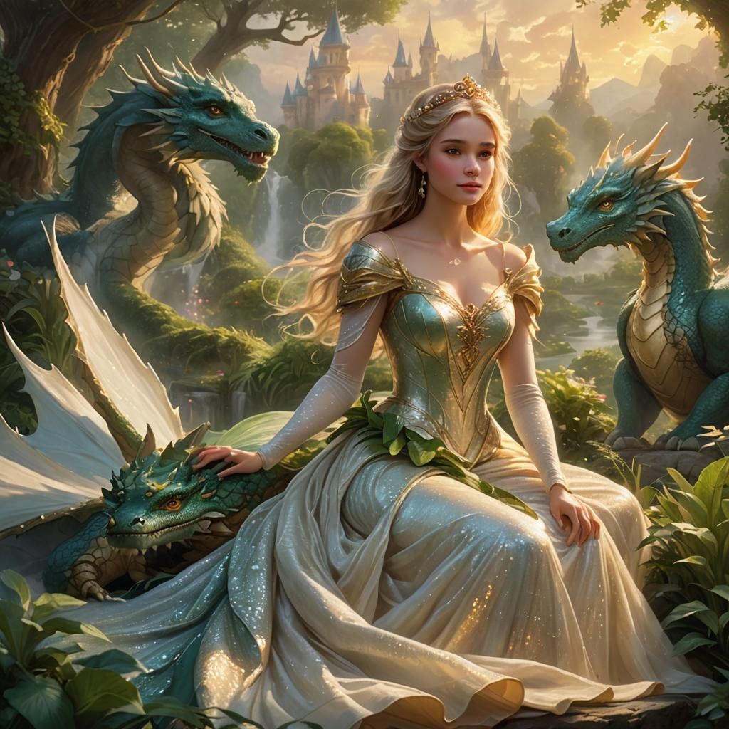 Princess on Dragon in Ethereal Fantasy Landscape