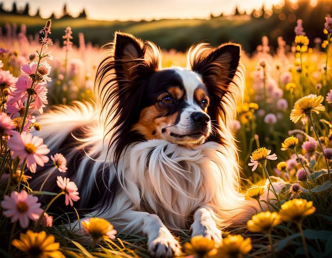 Papillon Dog Sleeps in Flowering Field