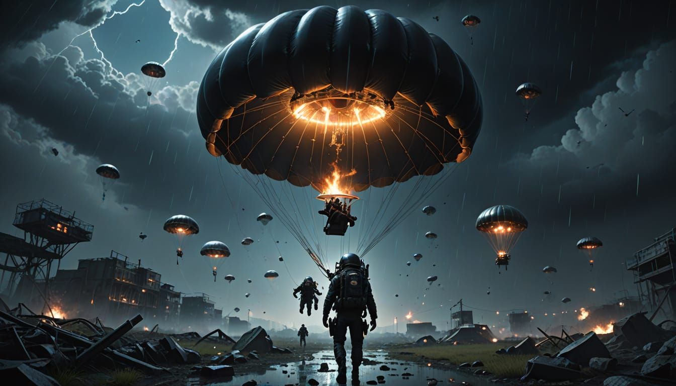 Agent Parachutes Through Moonlit Battlefield in Noir Style