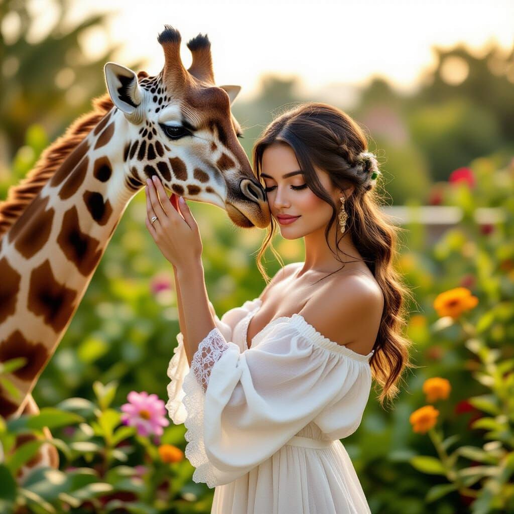 Woman and Giraffe in Rooftop Garden, Art Nouveau Style