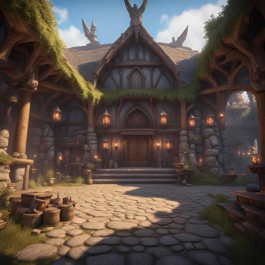 Cozy Fantasy Guild Hall with Armored Women: 3D Render