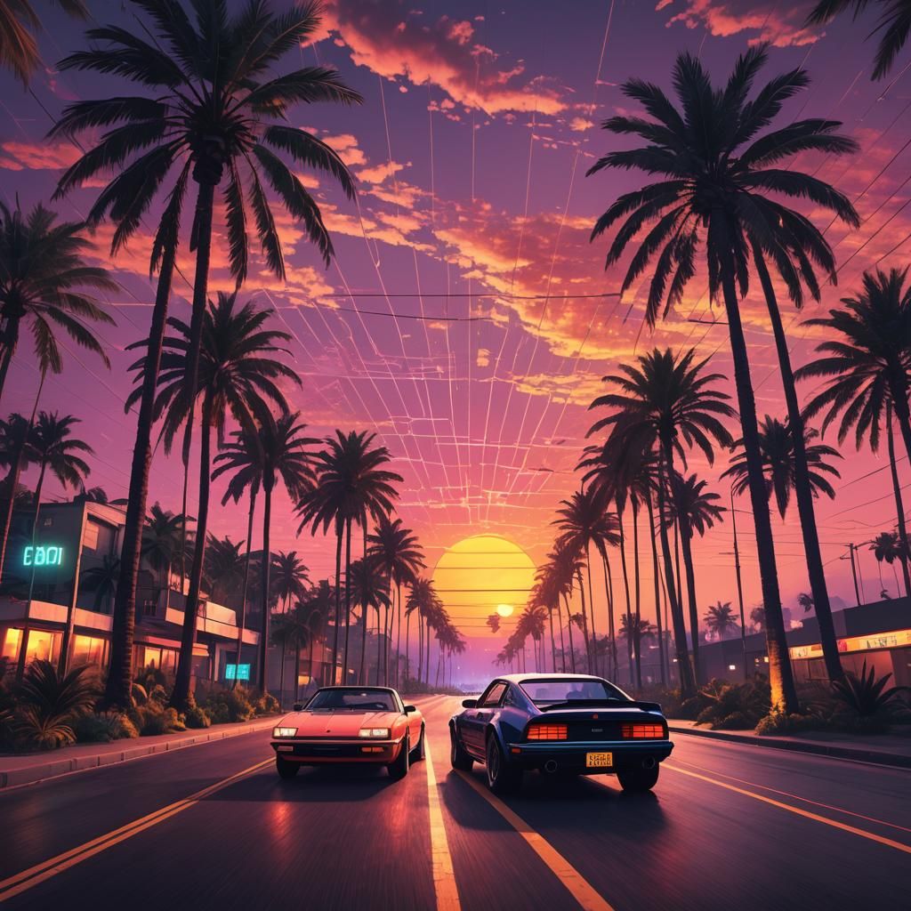 Vintage 80s Sunset with Retro Car