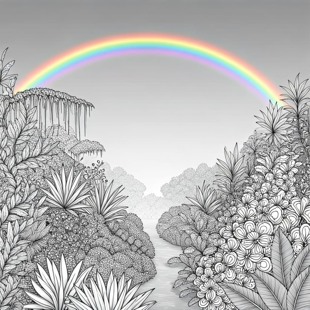 A black and white drawing of a garden with an iridescent rai...
