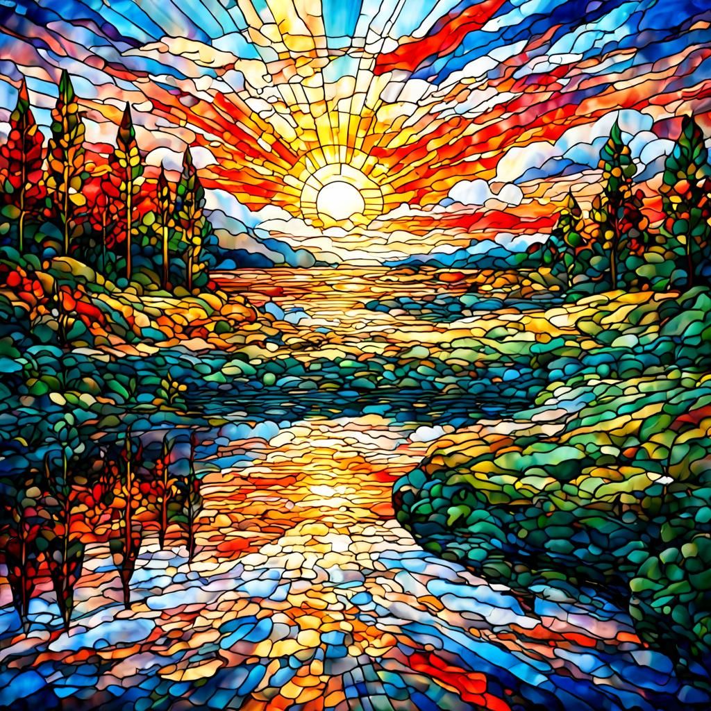Stained-Glass Summer Sunrise Over River Art