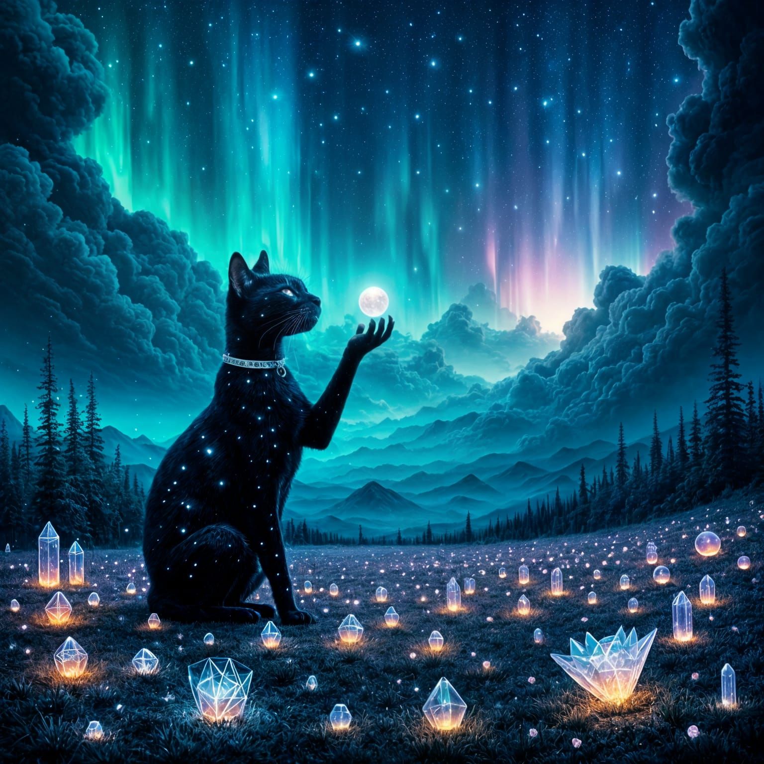 Mystical Plain with Luminous Cat and Glowing Orbs