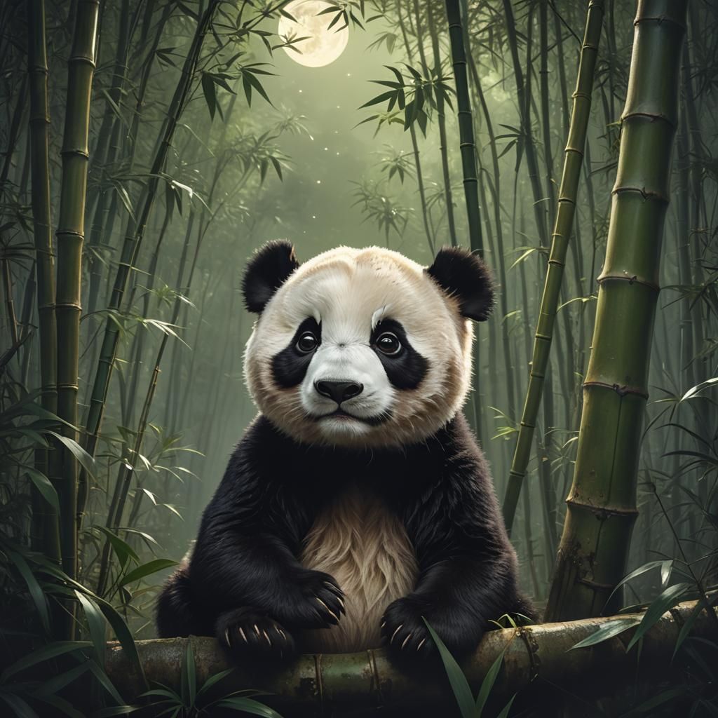 Panda Cub in Moonlit Bamboo Forest