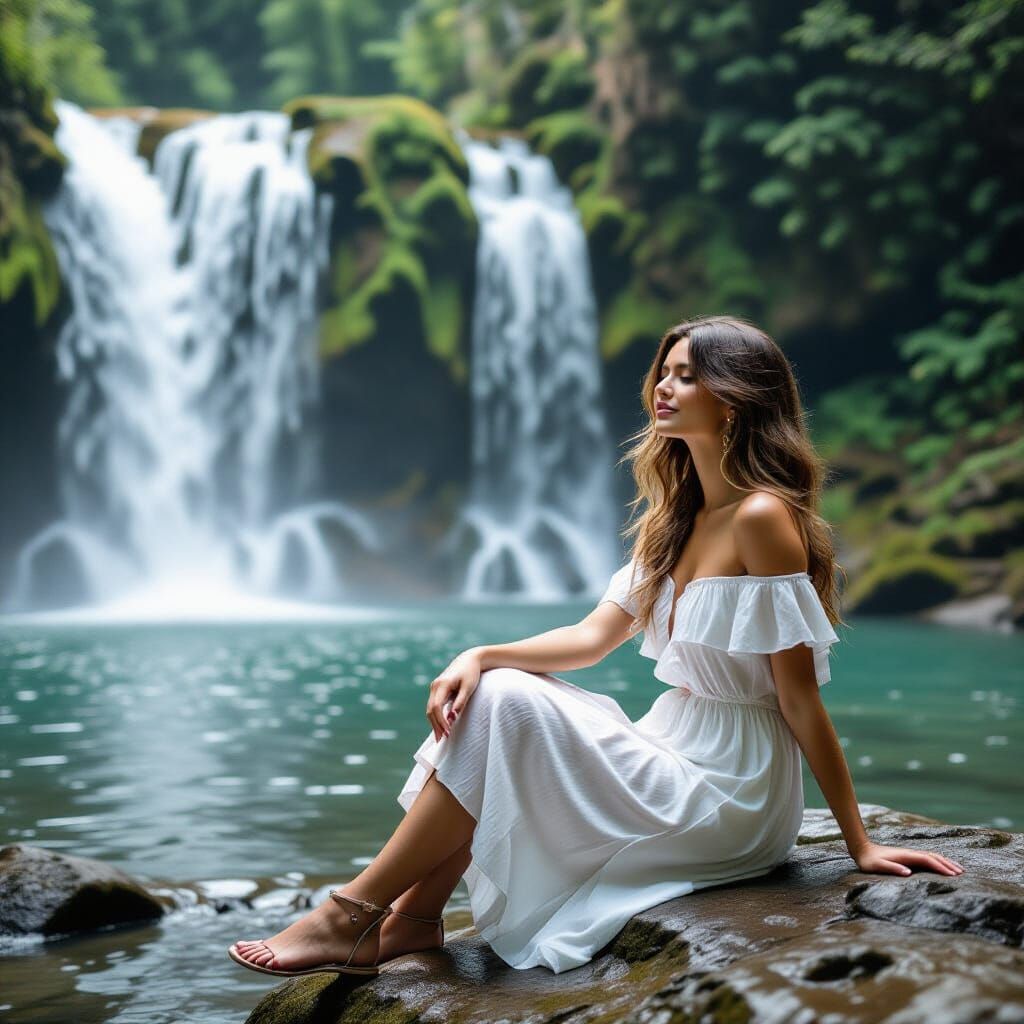 Woman Sitting Beside Waterfall