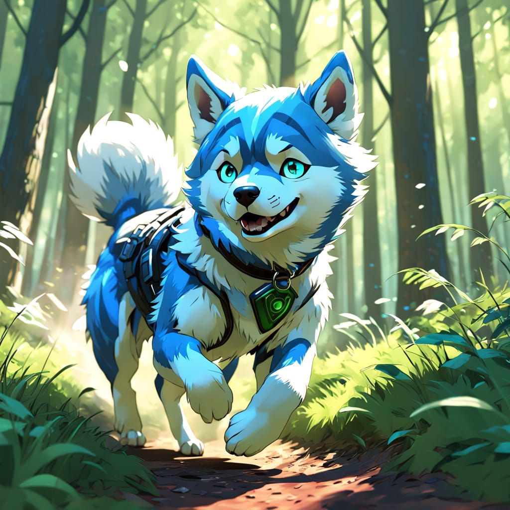 Vibrant Anime Husky Runs in Lush Forest