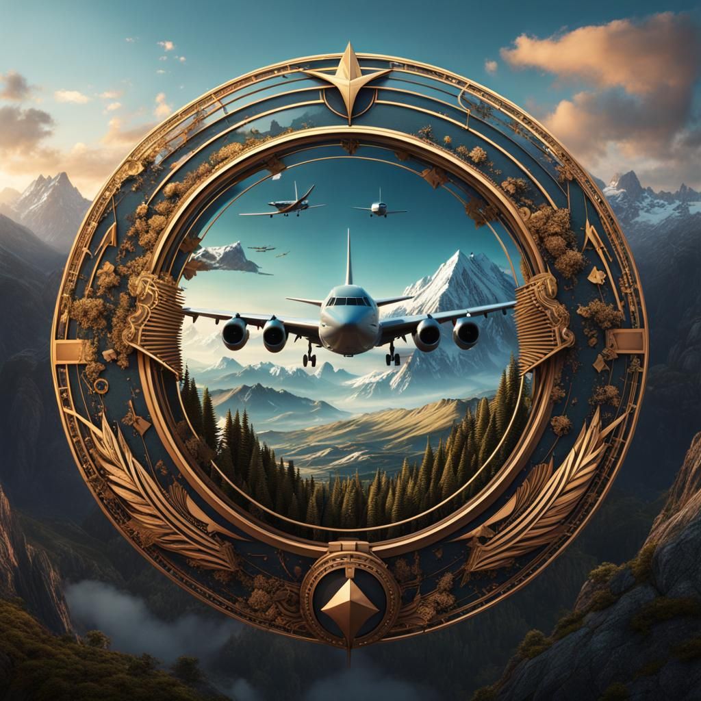 Circular Logo with Mountain, Music, and Airplane