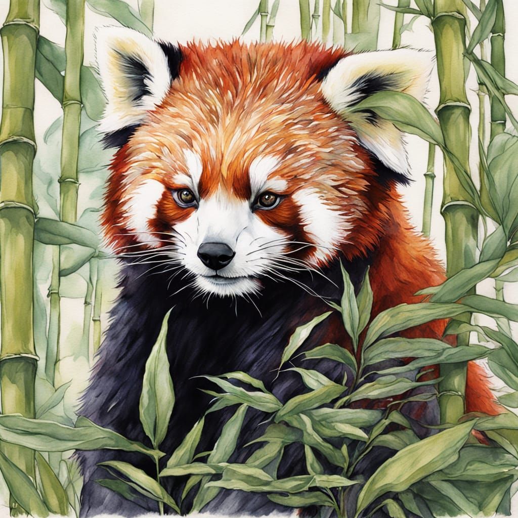 Detailed Watercolour Red Panda Amidst Bamboo