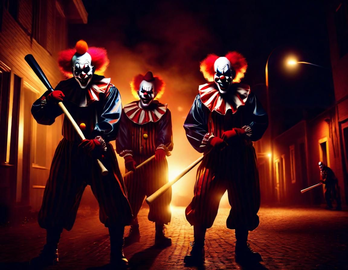Sinister Clowns with Bats in Photorealistic Street