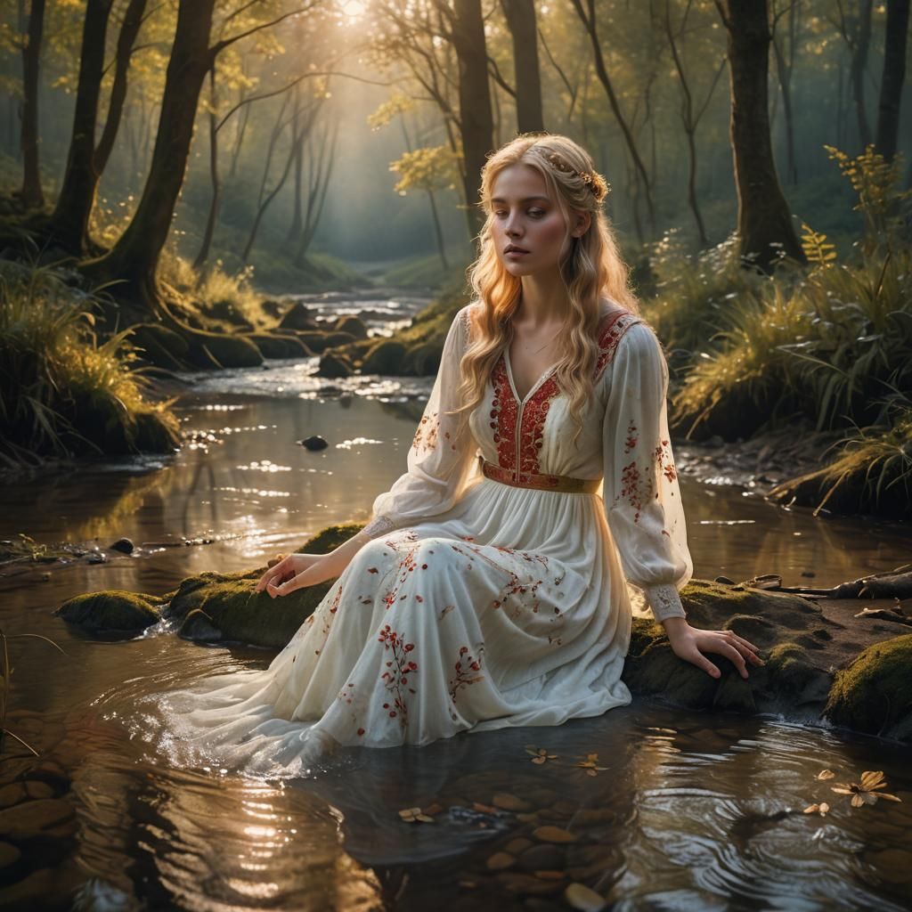 Girl by Forest Stream in Surreal Style