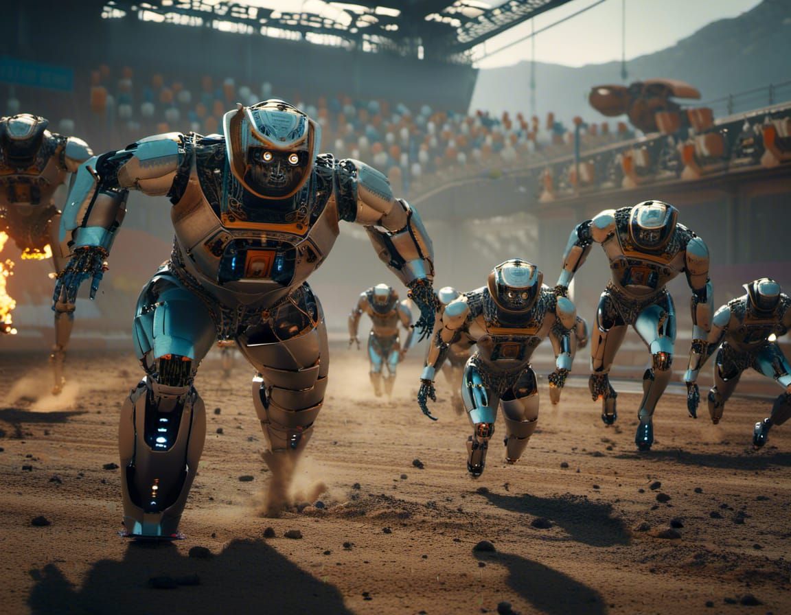 Robots Race: Last Place Robot on Fire in Sci-Fi Style