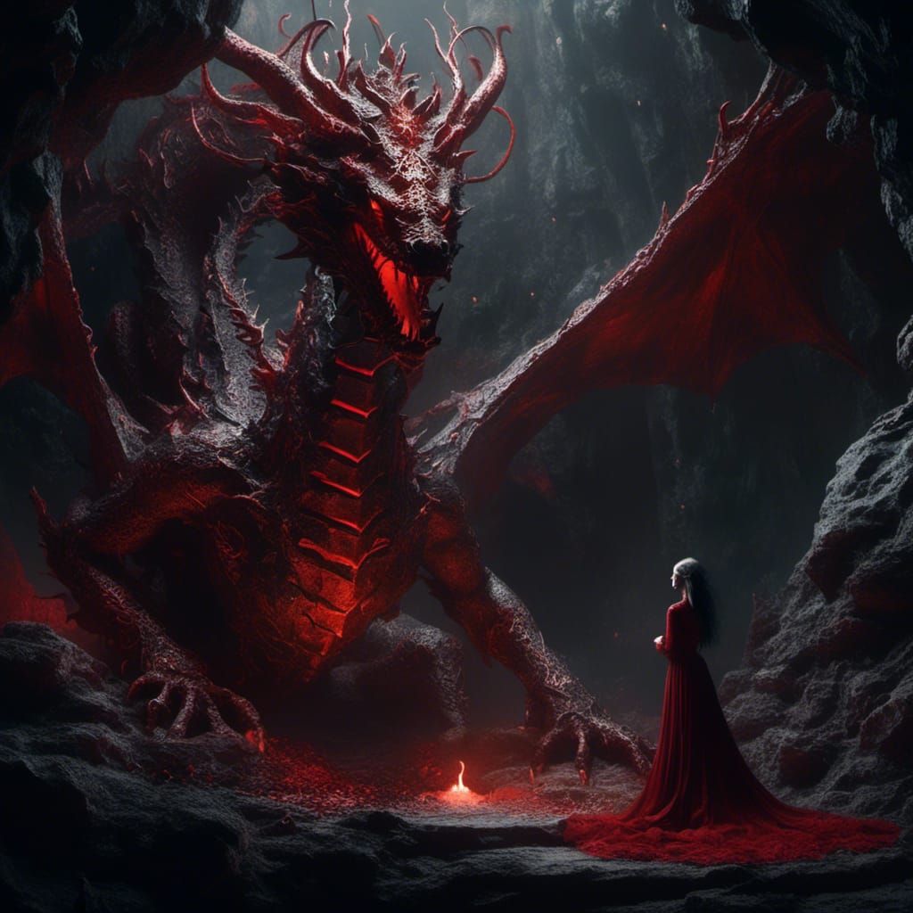 Woman and Dragon in Cave with Glowing Runes