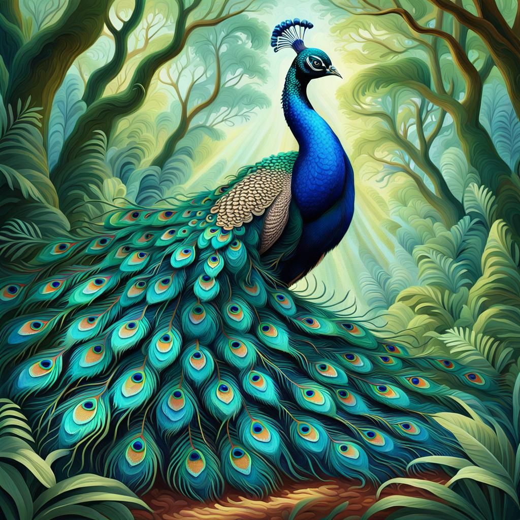 Majestic Peacock in Lush Jungle Scene
