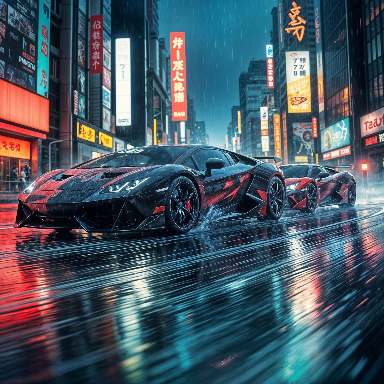 Futuristic Supercar Race in Neon Tokyo Cityscape