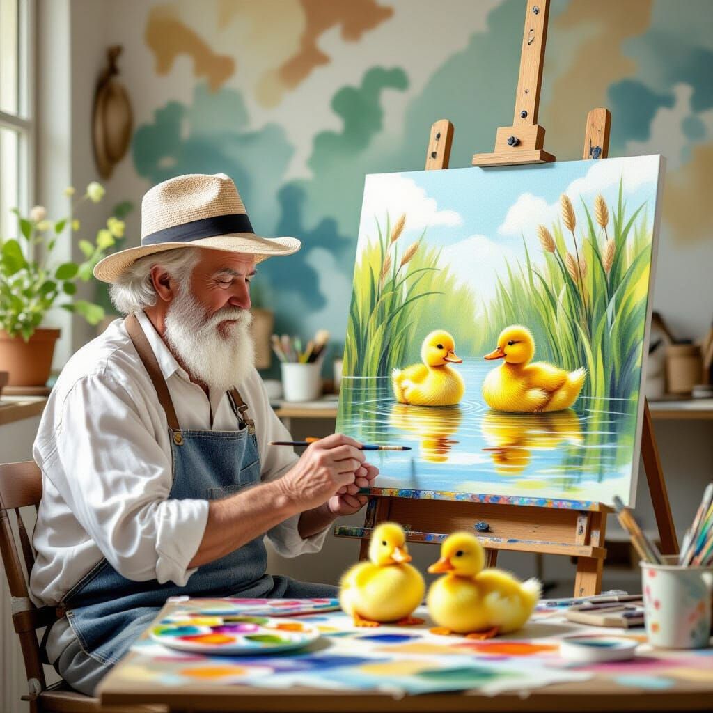 Elderly Artist Paints Ducklings in Sunlit Studio